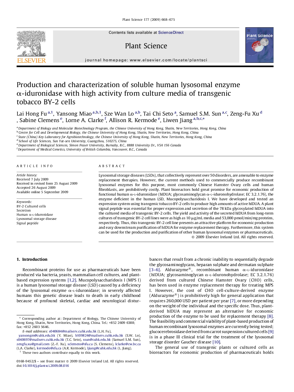 Production and characterization of soluble human lysosomal enzyme α-iduronidase with high activity from culture media of transgenic tobacco BY-2 cells