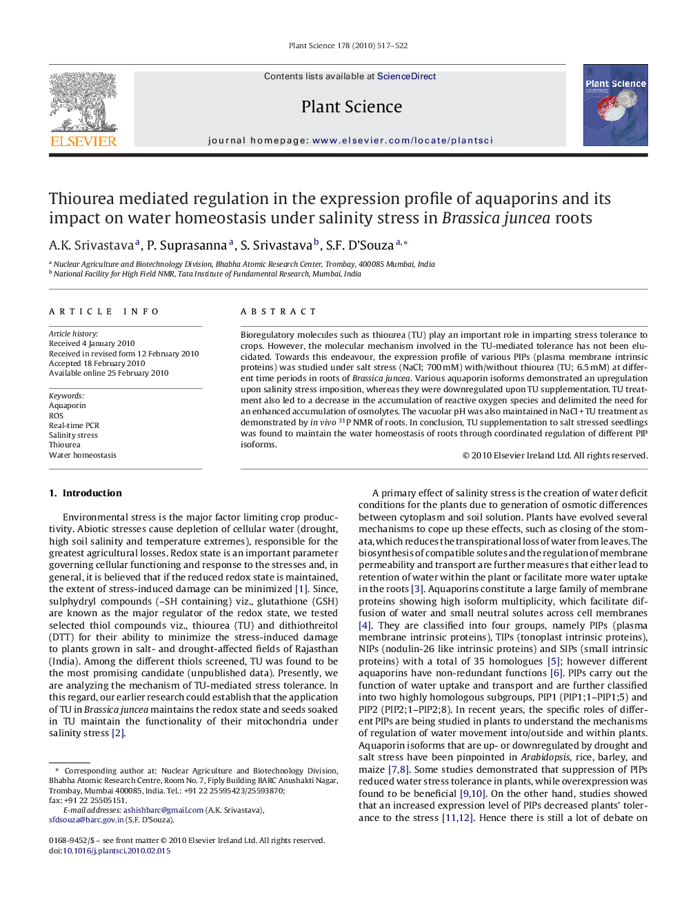 Thiourea mediated regulation in the expression profile of aquaporins and its impact on water homeostasis under salinity stress in Brassica juncea roots