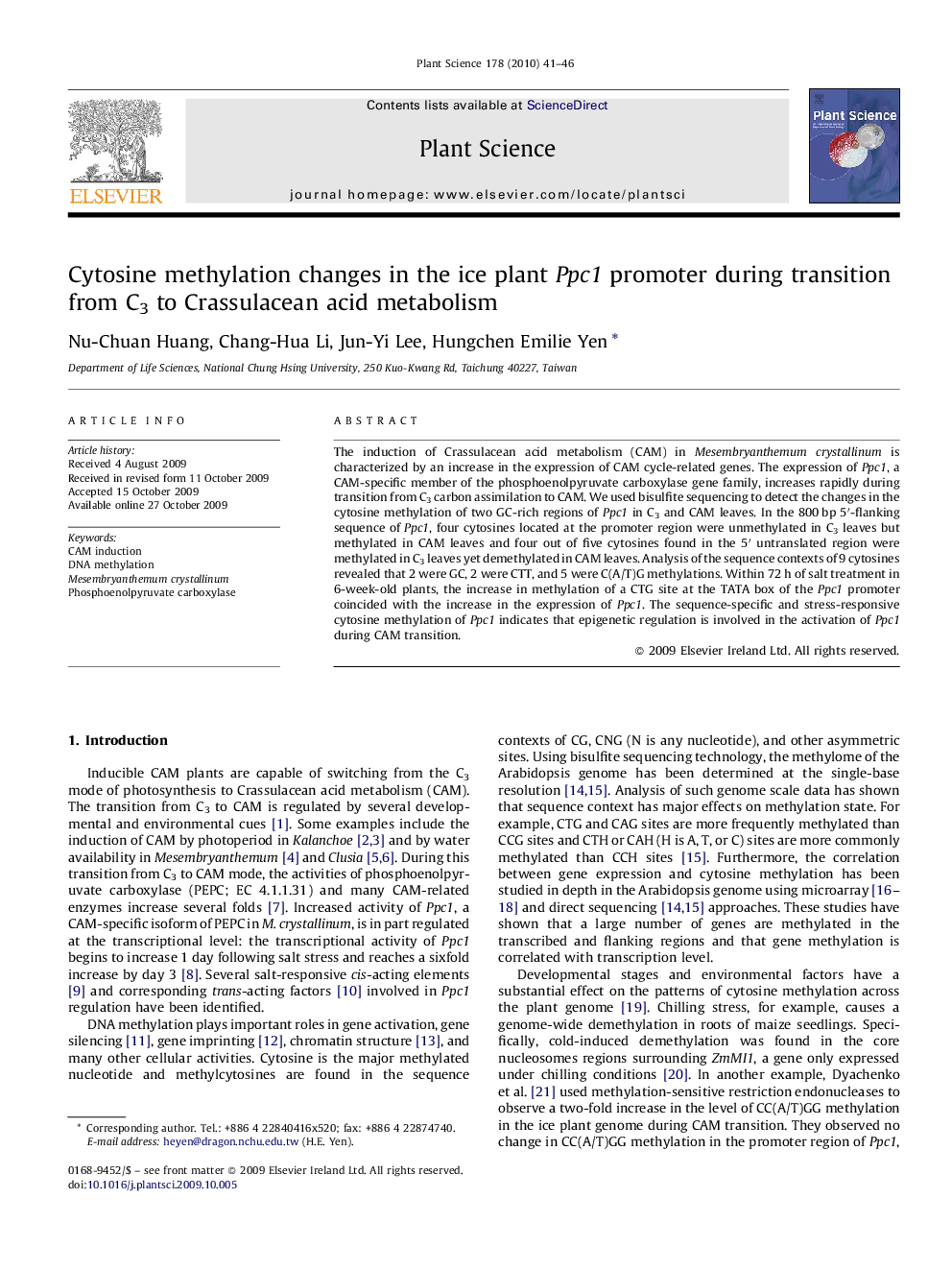 Cytosine methylation changes in the ice plant Ppc1 promoter during transition from C3 to Crassulacean acid metabolism