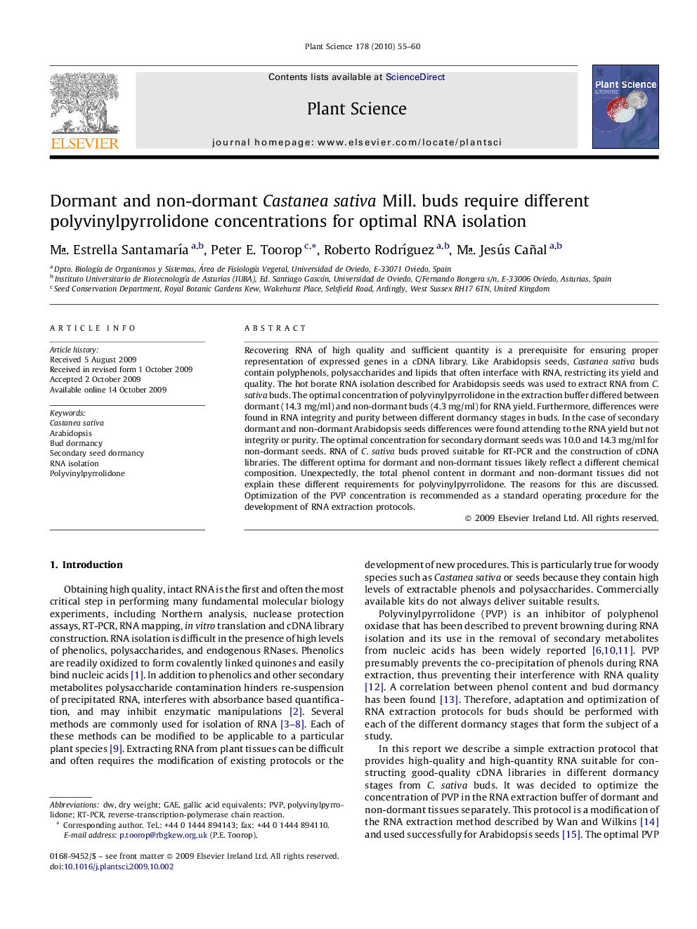 Dormant and non-dormant Castanea sativa Mill. buds require different polyvinylpyrrolidone concentrations for optimal RNA isolation