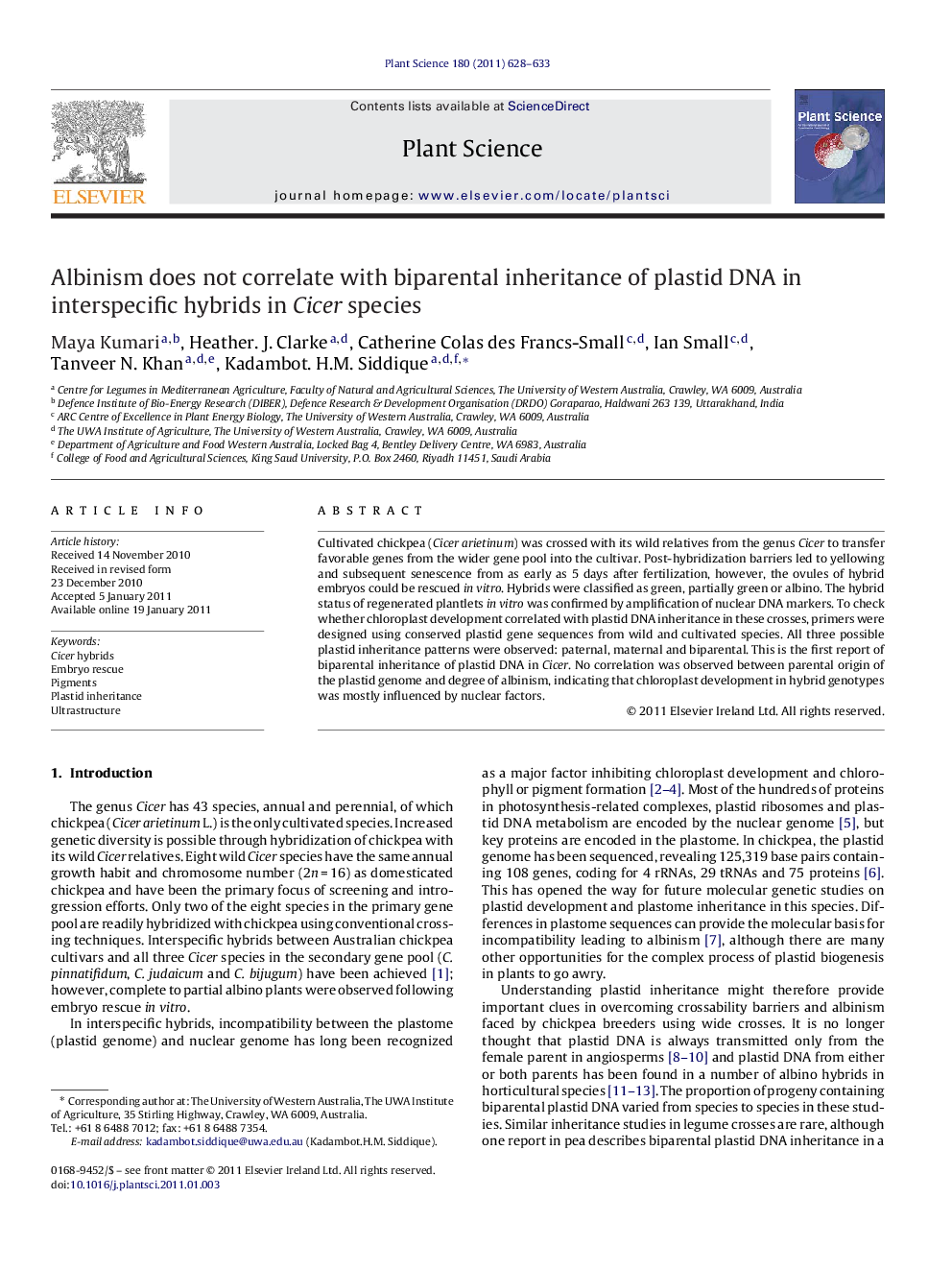 Albinism does not correlate with biparental inheritance of plastid DNA in interspecific hybrids in Cicer species