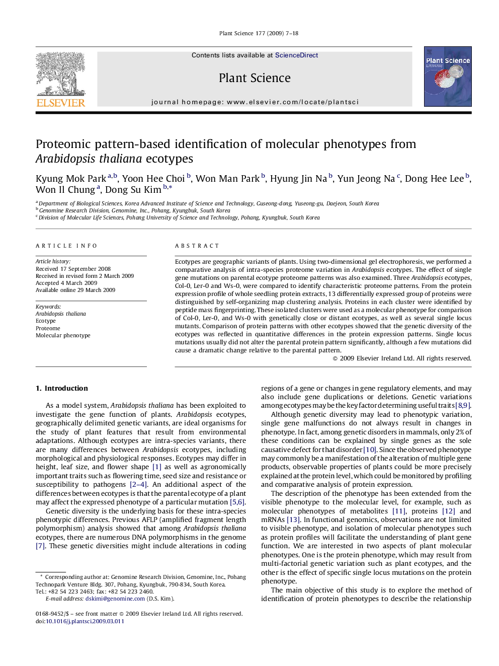 Proteomic pattern-based identification of molecular phenotypes from Arabidopsis thaliana ecotypes