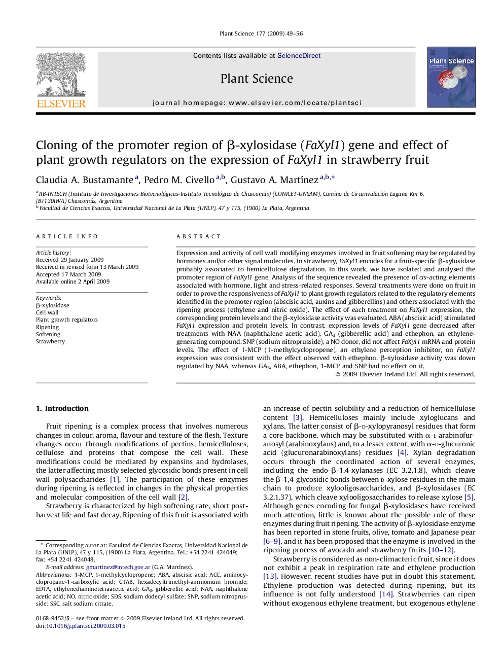 Cloning of the promoter region of β-xylosidase (FaXyl1) gene and effect of plant growth regulators on the expression of FaXyl1 in strawberry fruit