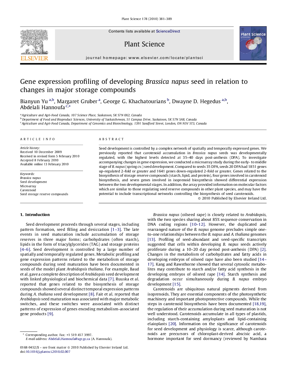 عکس صفحه اول مقاله: Gene expression profiling of developing Brassica napus seed in relation to changes in major storage compounds Gene expression profiling of developing Brassica napus seed in relation to changes in major storage compounds