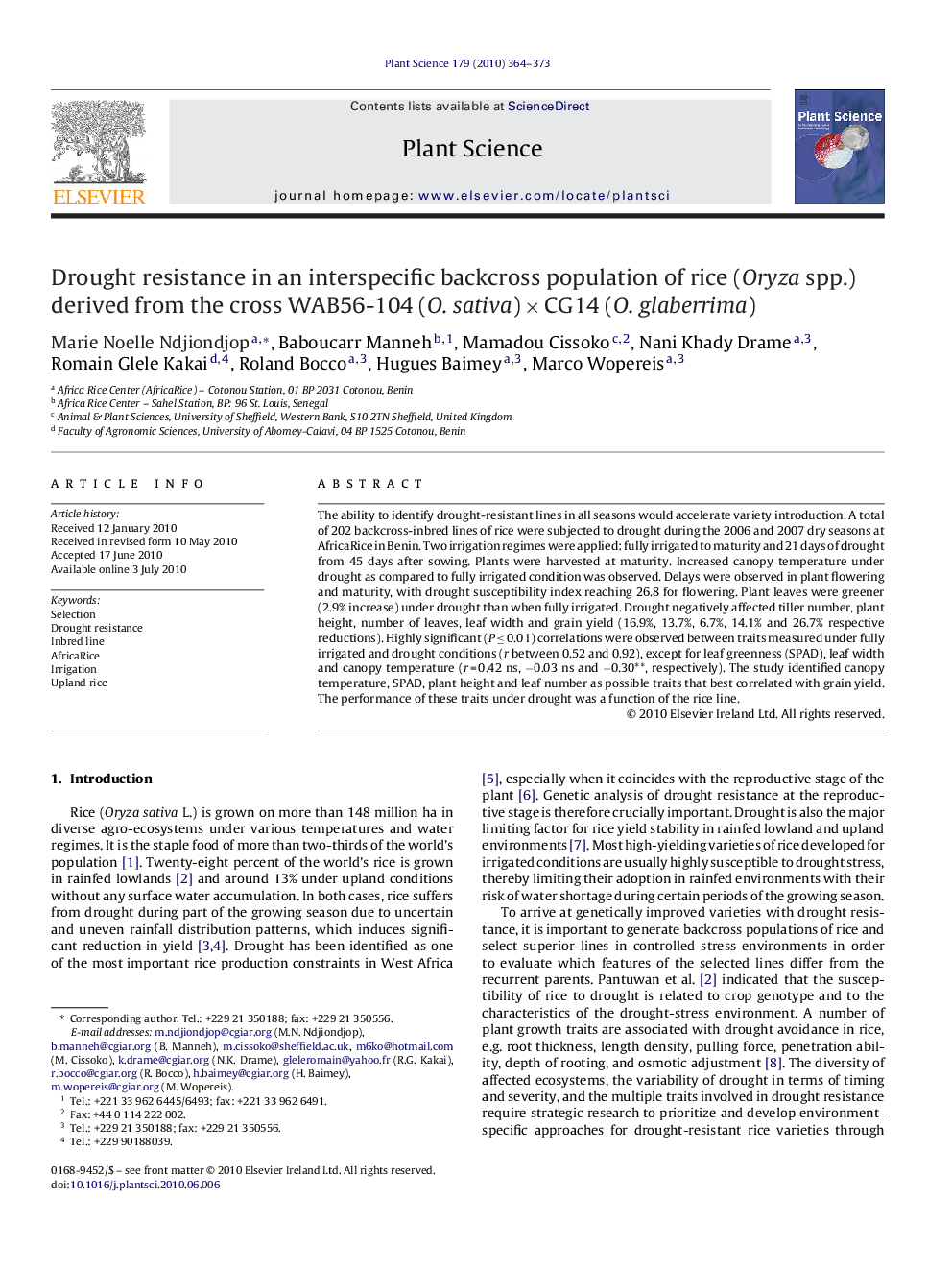 Drought resistance in an interspecific backcross population of rice (Oryza spp.) derived from the cross WAB56-104 (O. sativa) × CG14 (O. glaberrima)