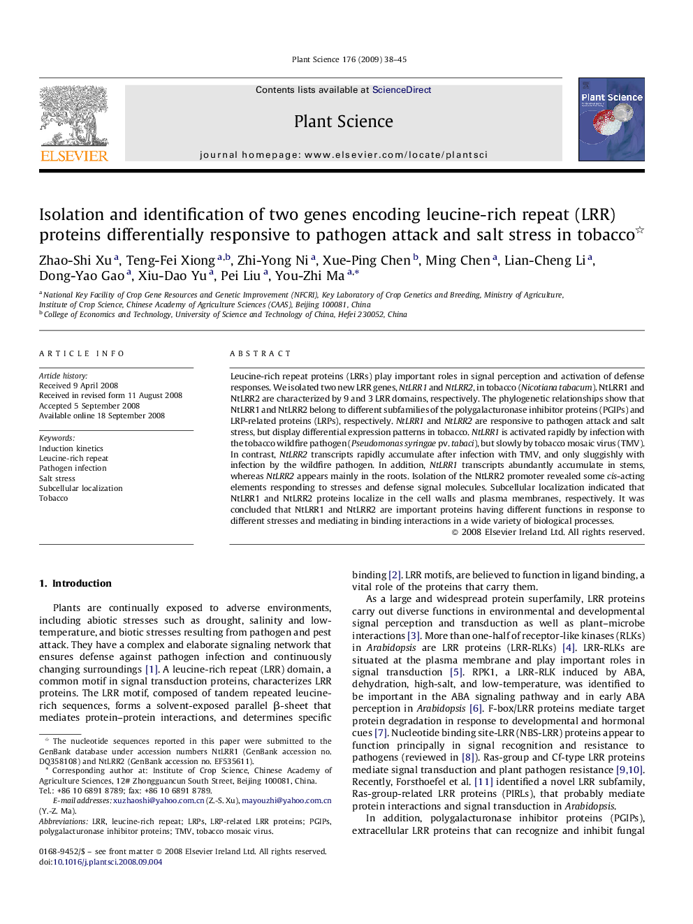 Isolation and identification of two genes encoding leucine-rich repeat (LRR) proteins differentially responsive to pathogen attack and salt stress in tobacco