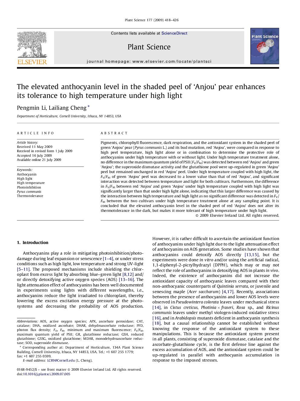 The elevated anthocyanin level in the shaded peel of 'Anjou' pear enhances its tolerance to high temperature under high light