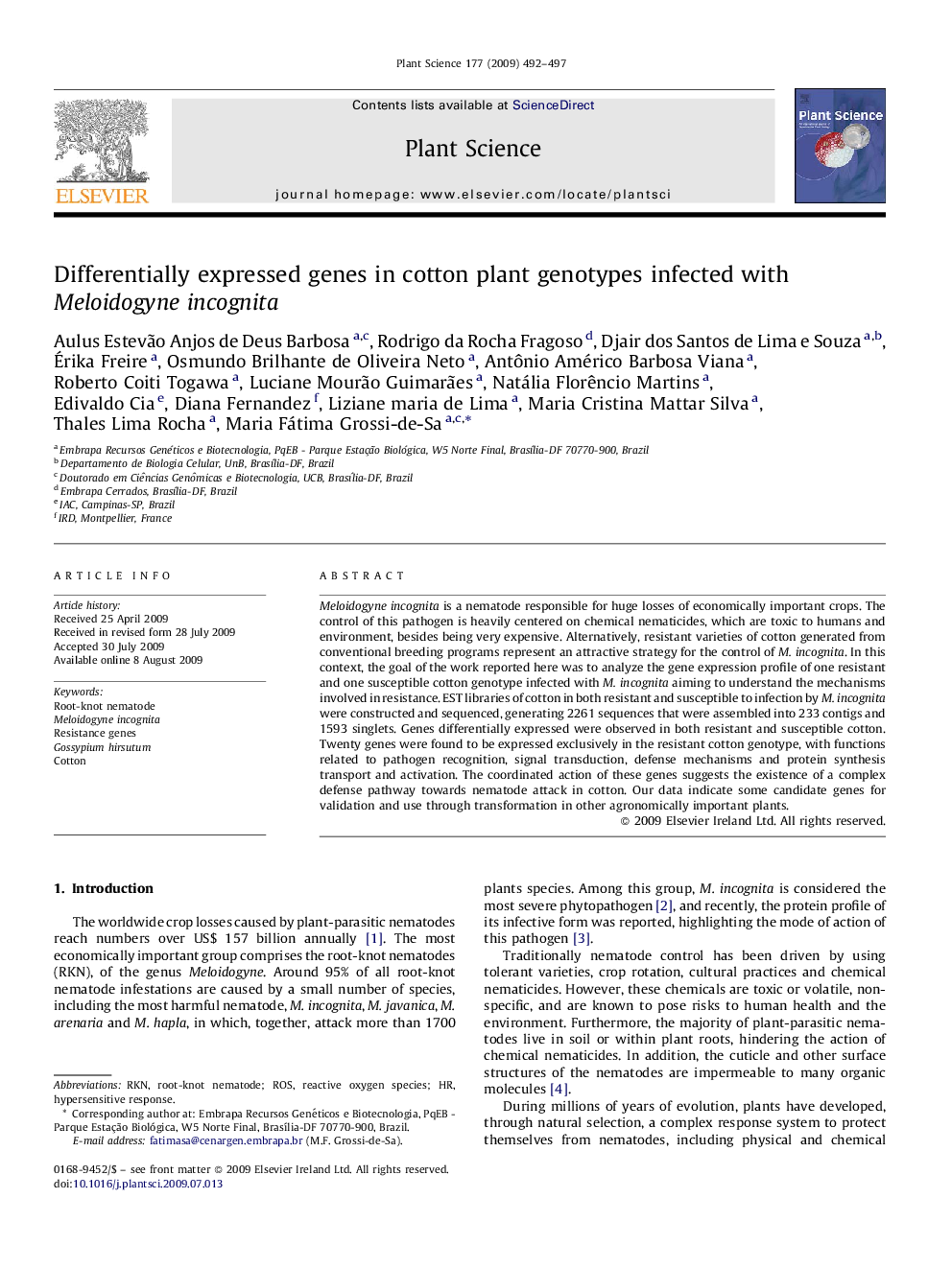 Differentially expressed genes in cotton plant genotypes infected with Meloidogyne incognita