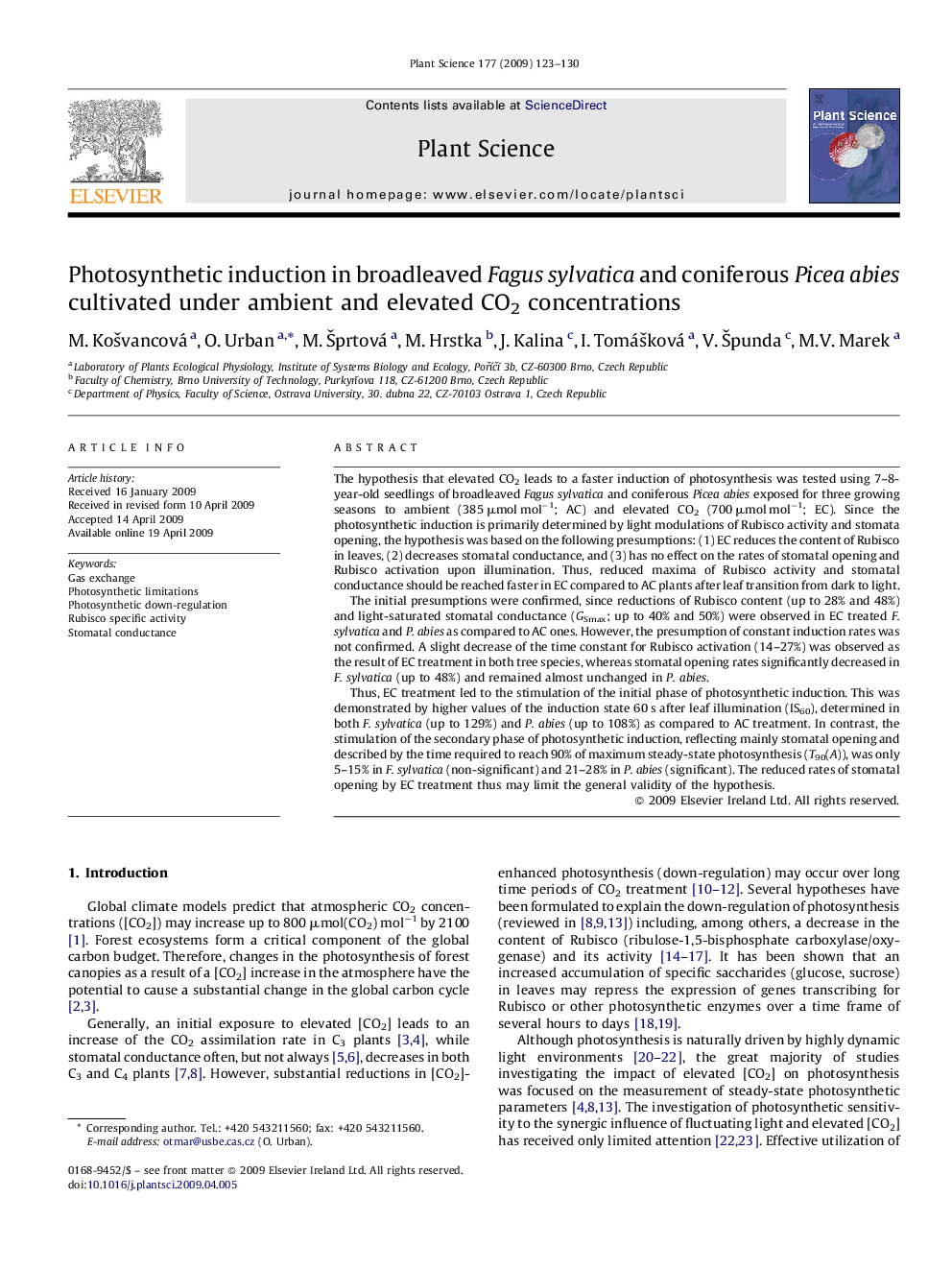 Photosynthetic induction in broadleaved Fagus sylvatica and coniferous Picea abies cultivated under ambient and elevated CO2 concentrations