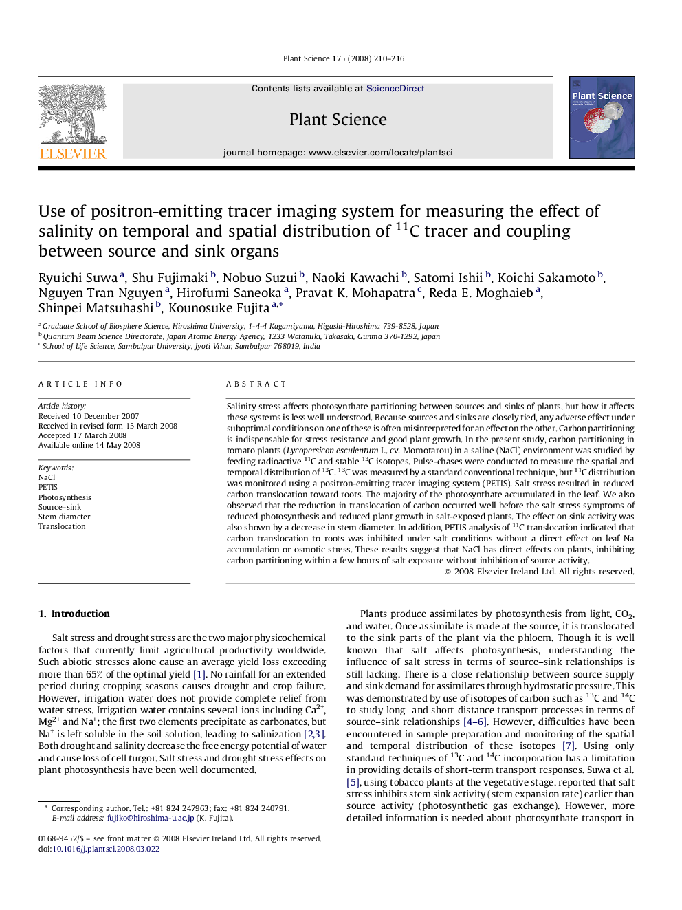 Use of positron-emitting tracer imaging system for measuring the effect of salinity on temporal and spatial distribution of 11C tracer and coupling between source and sink organs