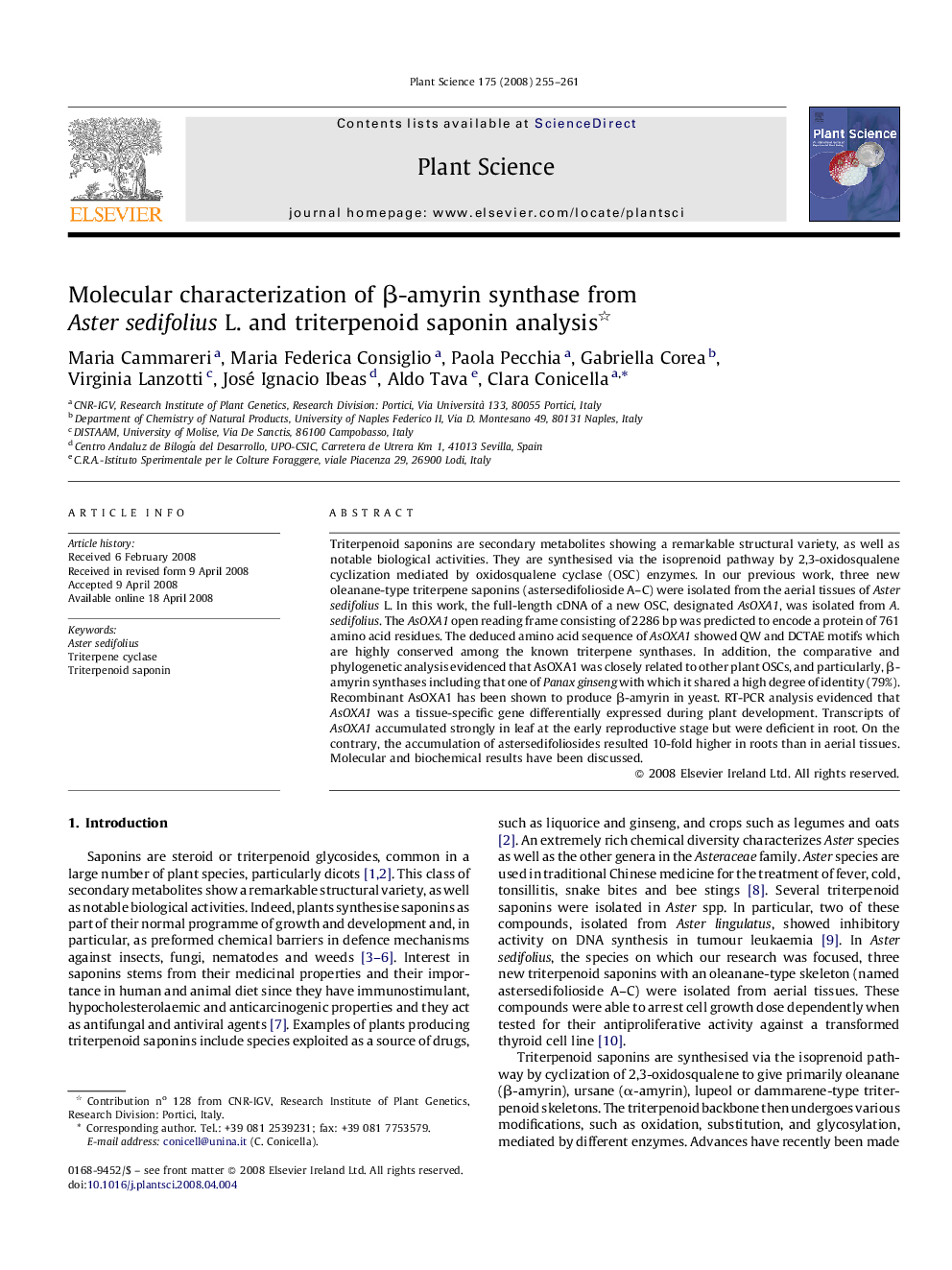 Molecular characterization of Î²-amyrin synthase from Aster sedifolius L. and triterpenoid saponin analysis