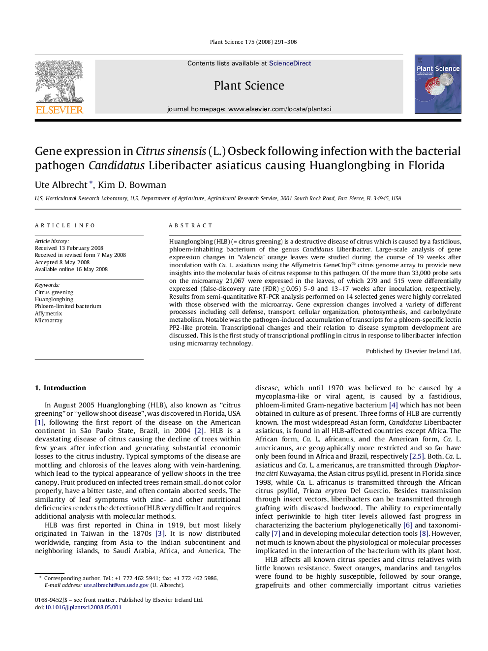 Gene expression in Citrus sinensis (L.) Osbeck following infection with the bacterial pathogen Candidatus Liberibacter asiaticus causing Huanglongbing in Florida