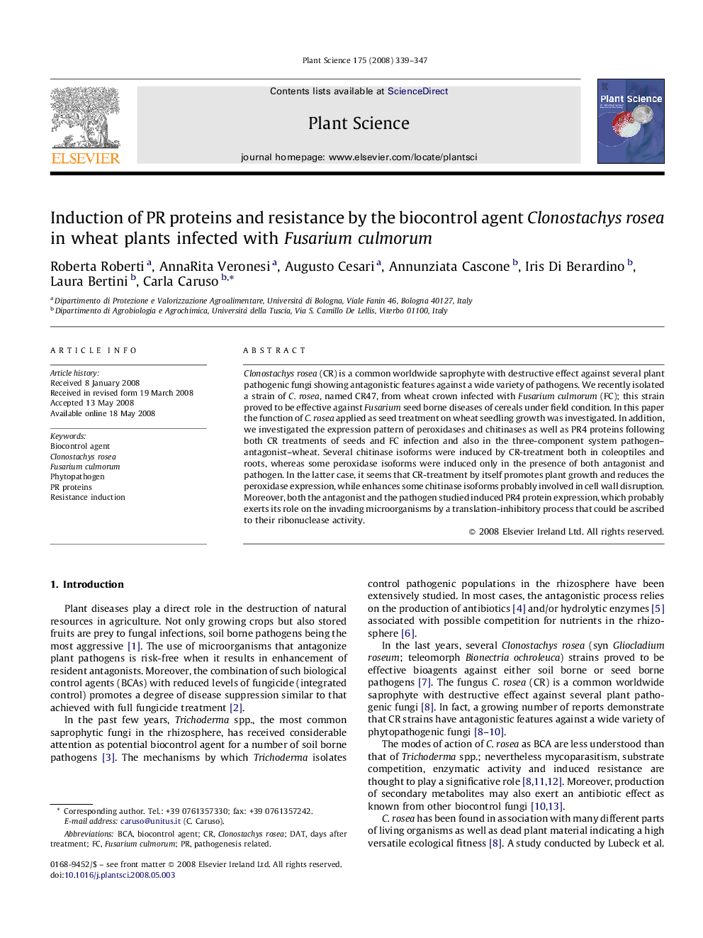 Induction of PR proteins and resistance by the biocontrol agent Clonostachys rosea in wheat plants infected with Fusarium culmorum