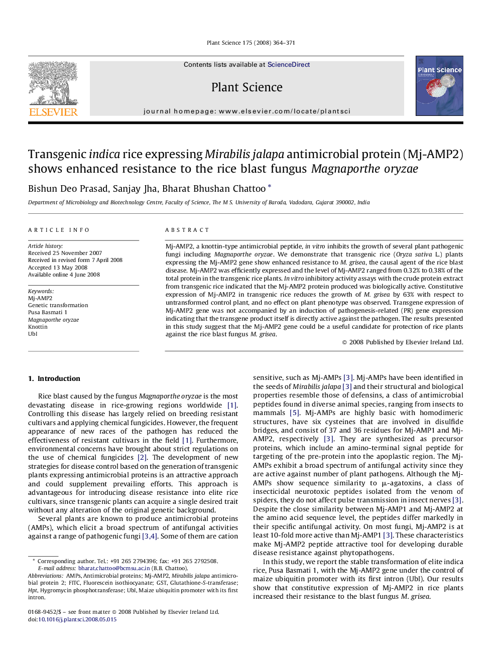 Transgenic indica rice expressing Mirabilis jalapa antimicrobial protein (Mj-AMP2) shows enhanced resistance to the rice blast fungus Magnaporthe oryzae