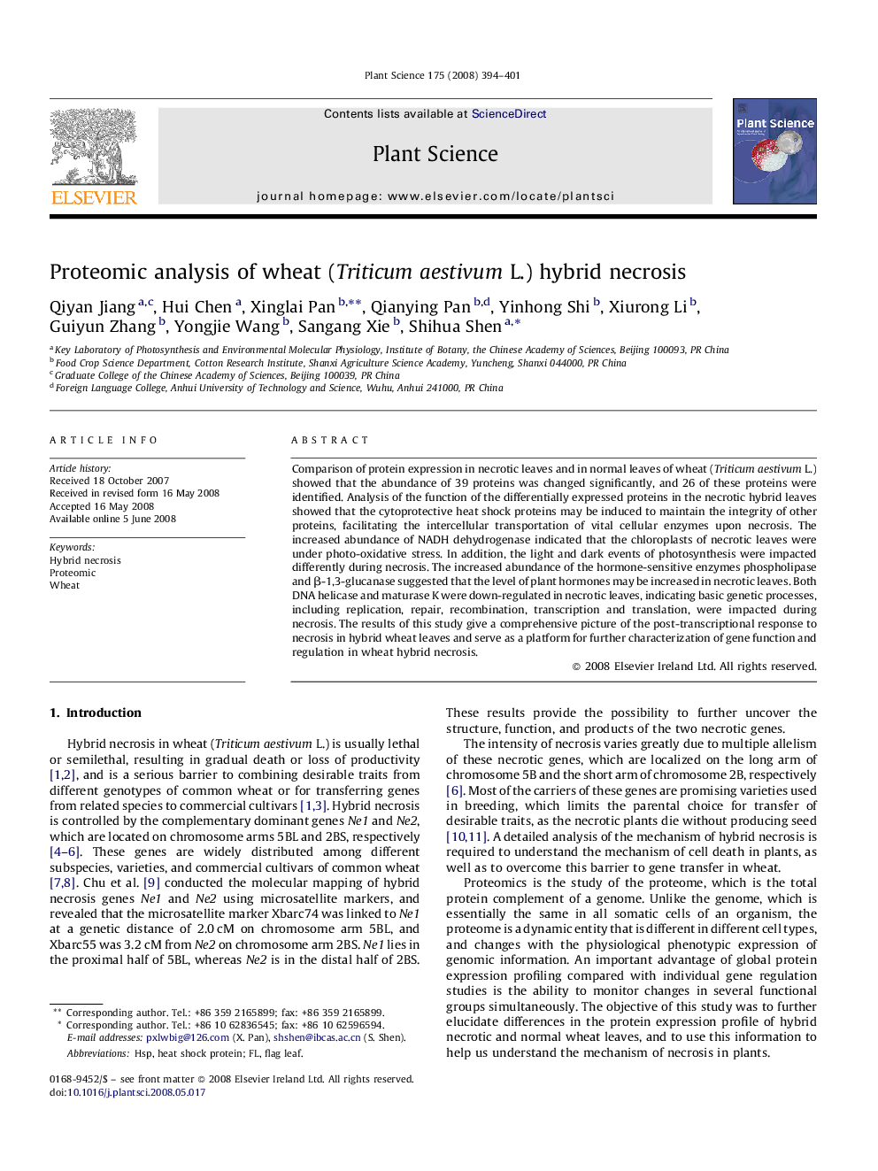 Proteomic analysis of wheat (Triticum aestivum L.) hybrid necrosis