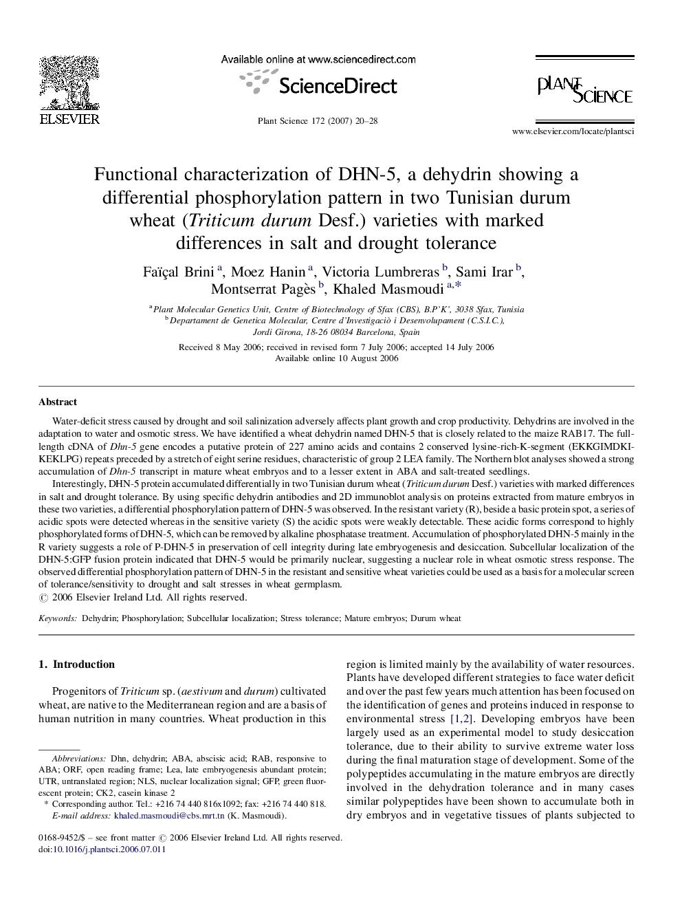 Functional characterization of DHN-5, a dehydrin showing a differential phosphorylation pattern in two Tunisian durum wheat (Triticum durum Desf.) varieties with marked differences in salt and drought tolerance