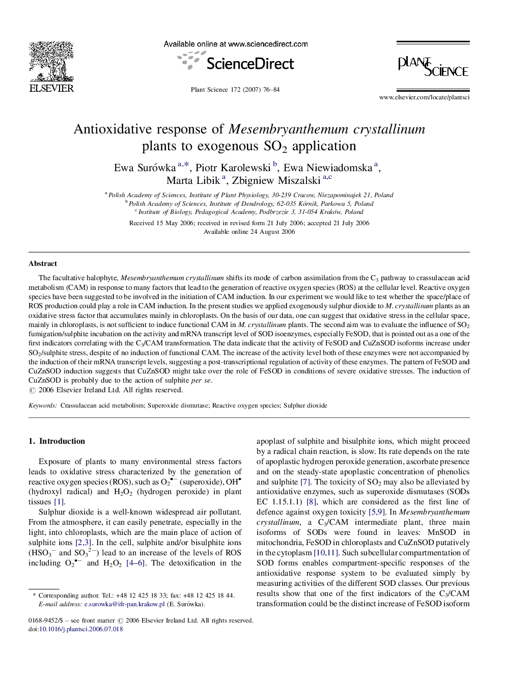 Antioxidative response of Mesembryanthemum crystallinum plants to exogenous SO2 application