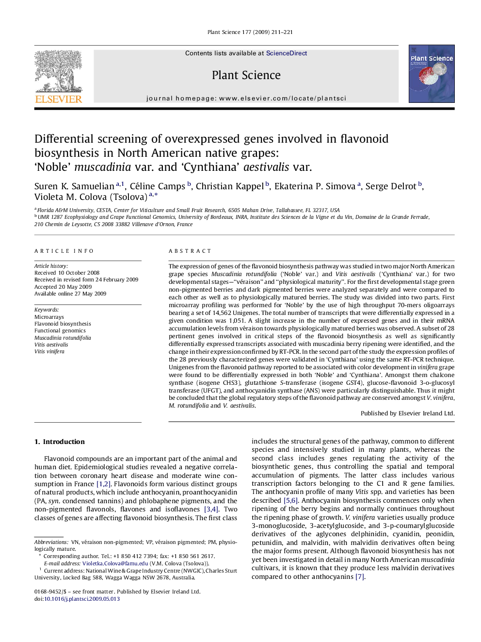 Differential screening of overexpressed genes involved in flavonoid biosynthesis in North American native grapes: ‘Noble’ muscadinia var. and ‘Cynthiana’ aestivalis var.