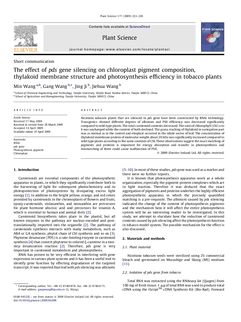 The effect of pds gene silencing on chloroplast pigment composition, thylakoid membrane structure and photosynthesis efficiency in tobacco plants