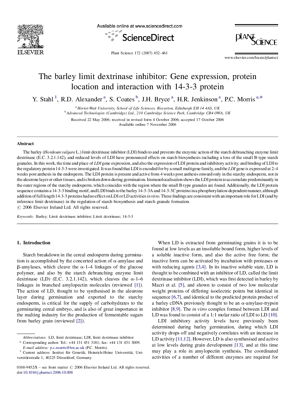 The barley limit dextrinase inhibitor: Gene expression, protein location and interaction with 14-3-3 protein