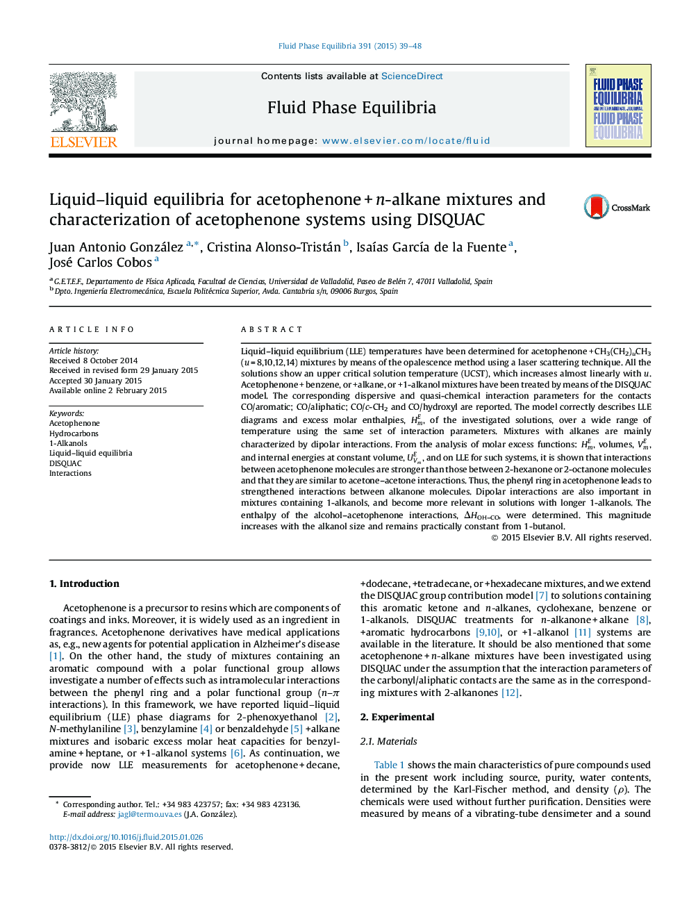 Liquid–liquid equilibria for acetophenone + n-alkane mixtures and characterization of acetophenone systems using DISQUAC