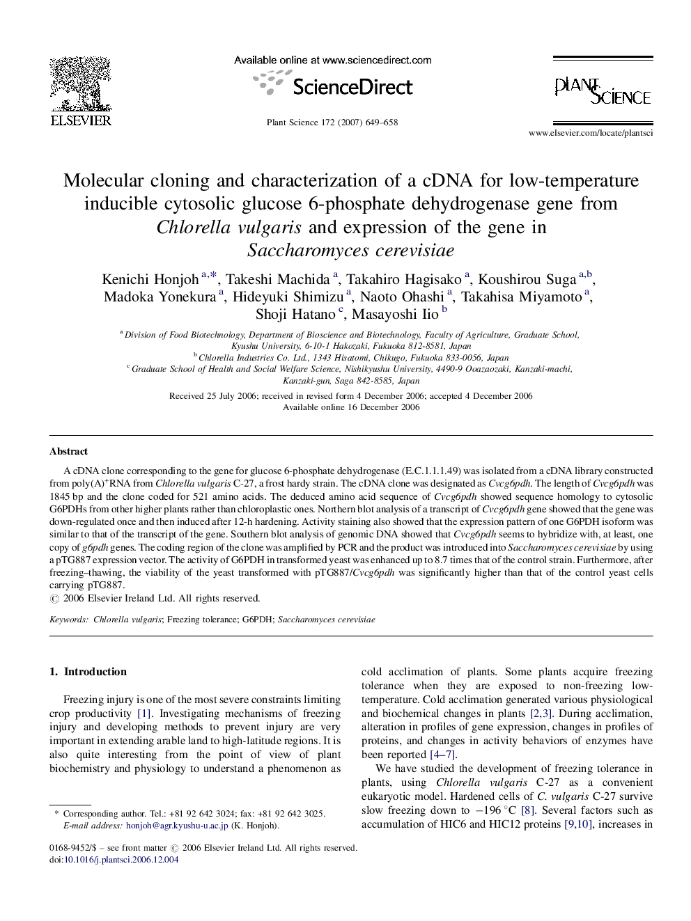 Molecular cloning and characterization of a cDNA for low-temperature inducible cytosolic glucose 6-phosphate dehydrogenase gene from Chlorella vulgaris and expression of the gene in Saccharomyces cerevisiae