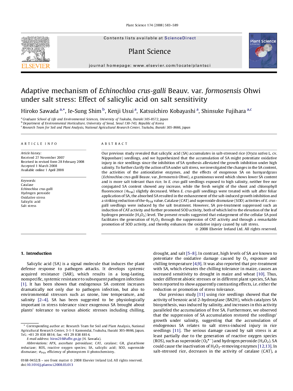 عکس صفحه اول مقاله: Adaptive mechanism of Echinochloa crus-galli Beauv. var. formosensis Ohwi under salt stress: Effect of salicylic acid on salt sensitivity Adaptive mechanism of Echinochloa crus-galli Beauv. var. formosensis Ohwi under salt stress: Effect of salicylic acid on salt sensitivity