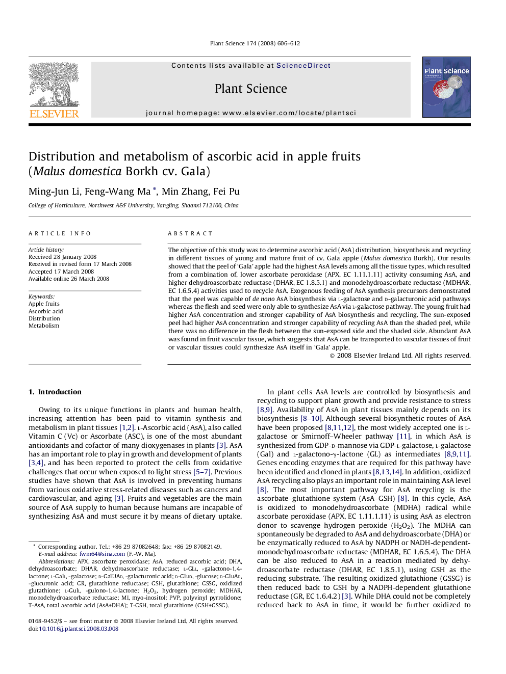 Distribution and metabolism of ascorbic acid in apple fruits (Malus domestica Borkh cv. Gala)