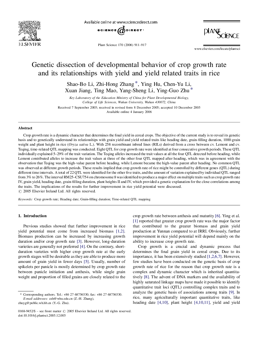 Genetic dissection of developmental behavior of crop growth rate and its relationships with yield and yield related traits in rice