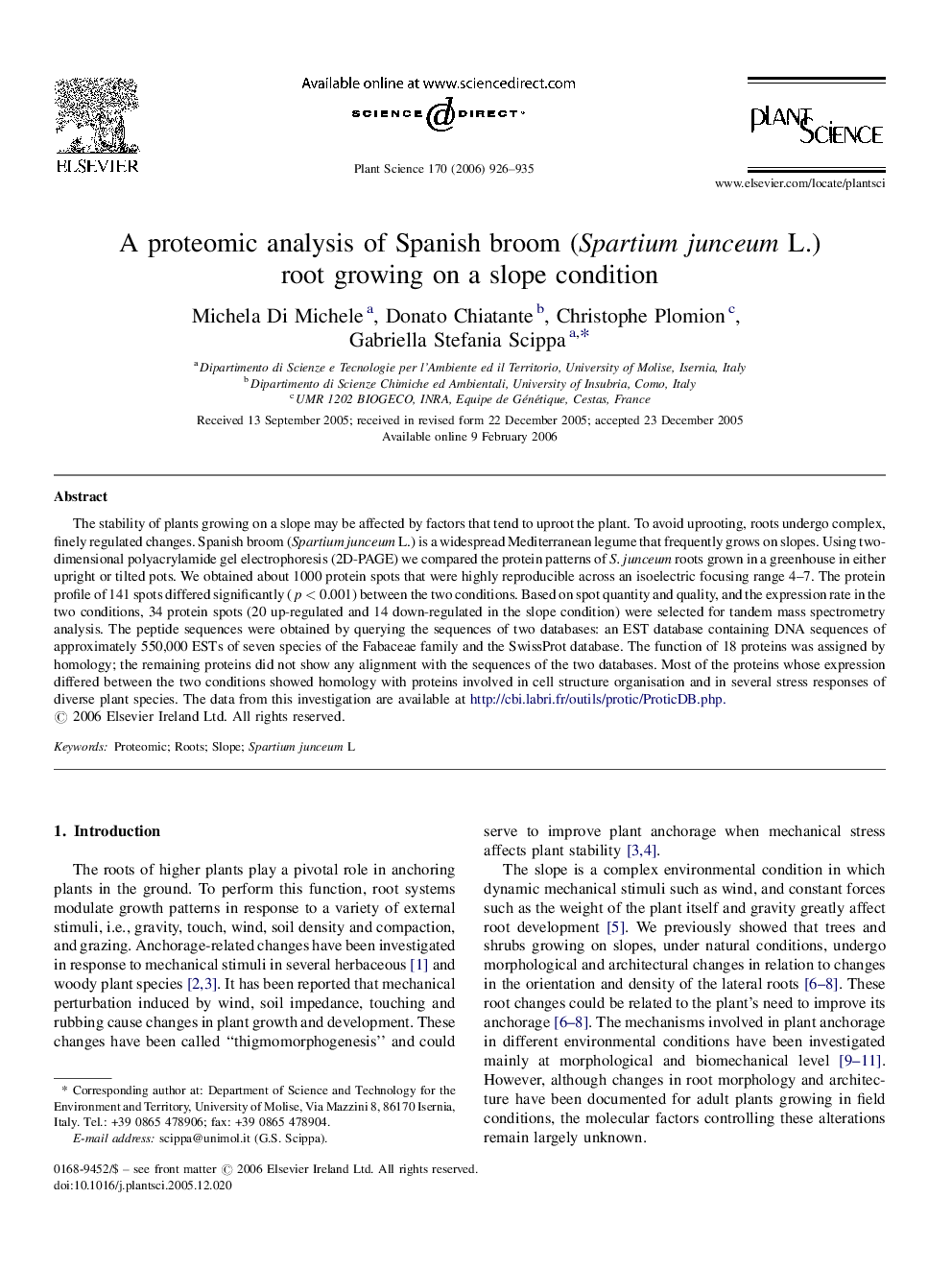 A proteomic analysis of Spanish broom (Spartium junceum L.) root growing on a slope condition