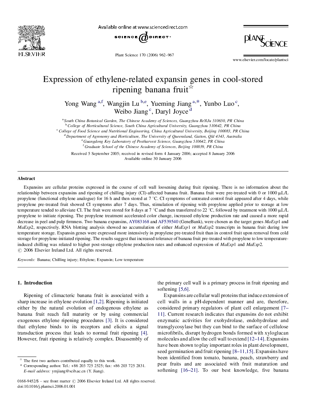 Expression of ethylene-related expansin genes in cool-stored ripening banana fruit 