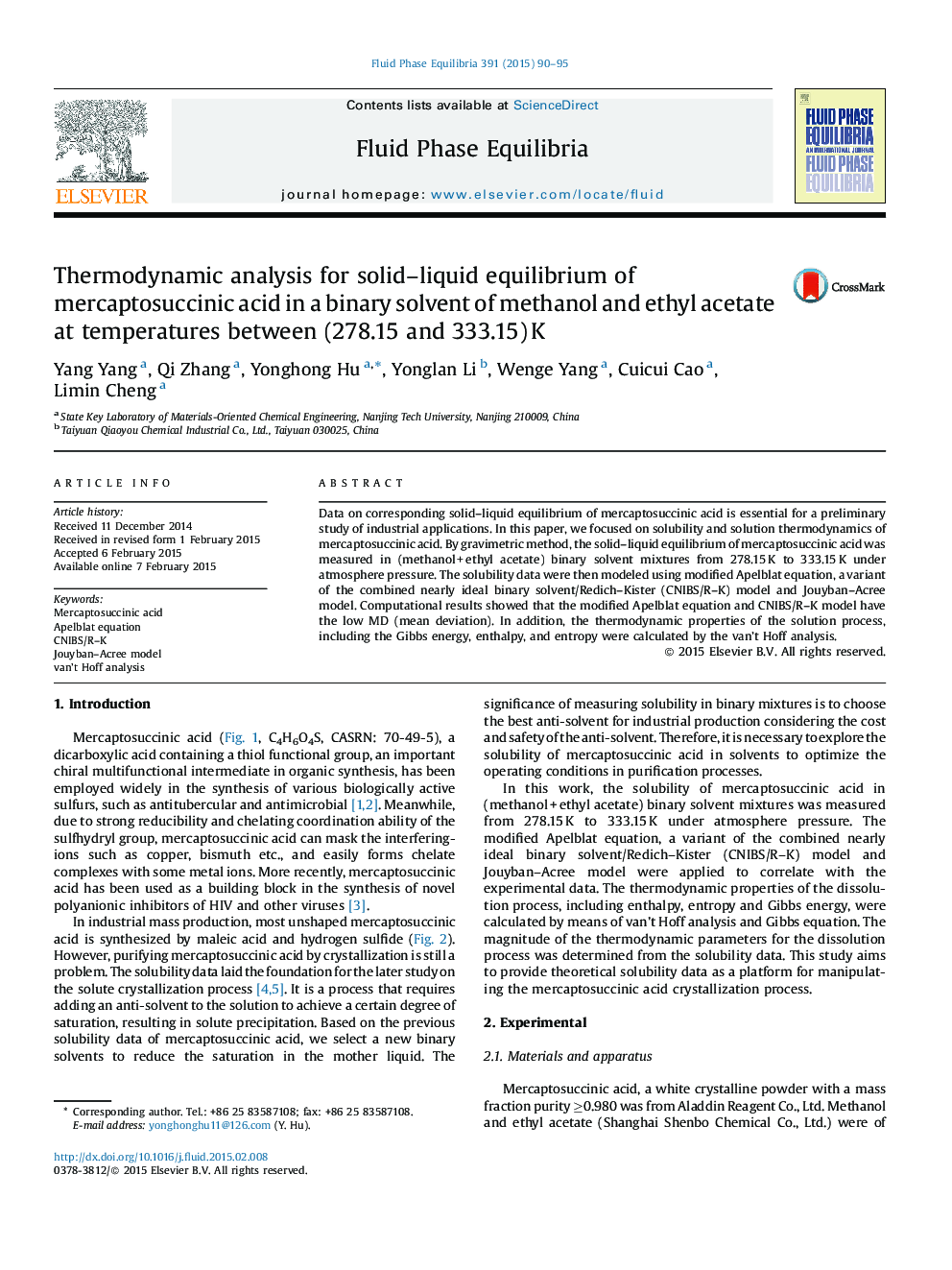 Thermodynamic analysis for solid–liquid equilibrium of mercaptosuccinic acid in a binary solvent of methanol and ethyl acetate at temperatures between (278.15 and 333.15) K