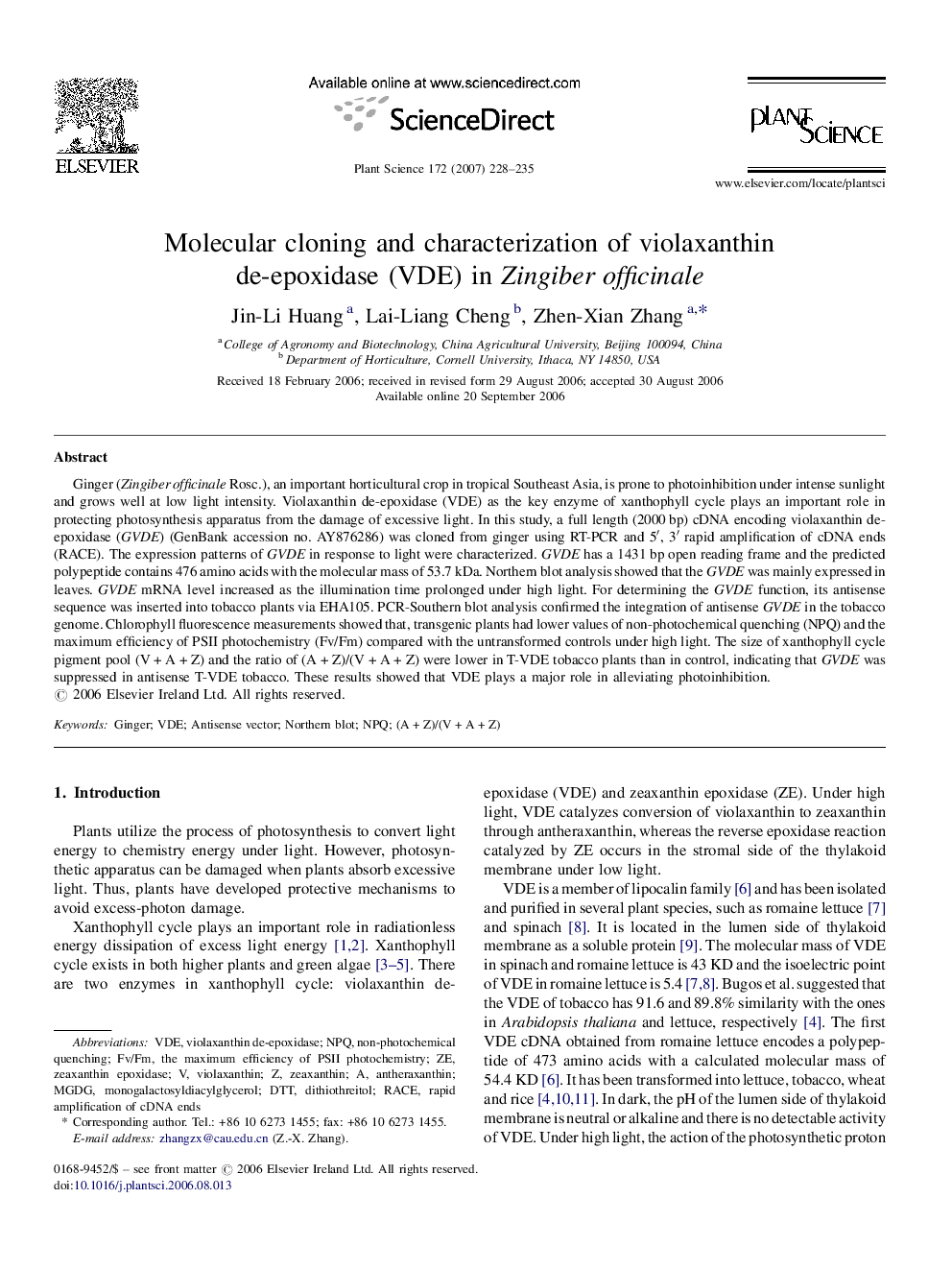 Molecular cloning and characterization of violaxanthin de-epoxidase (VDE) in Zingiber officinale