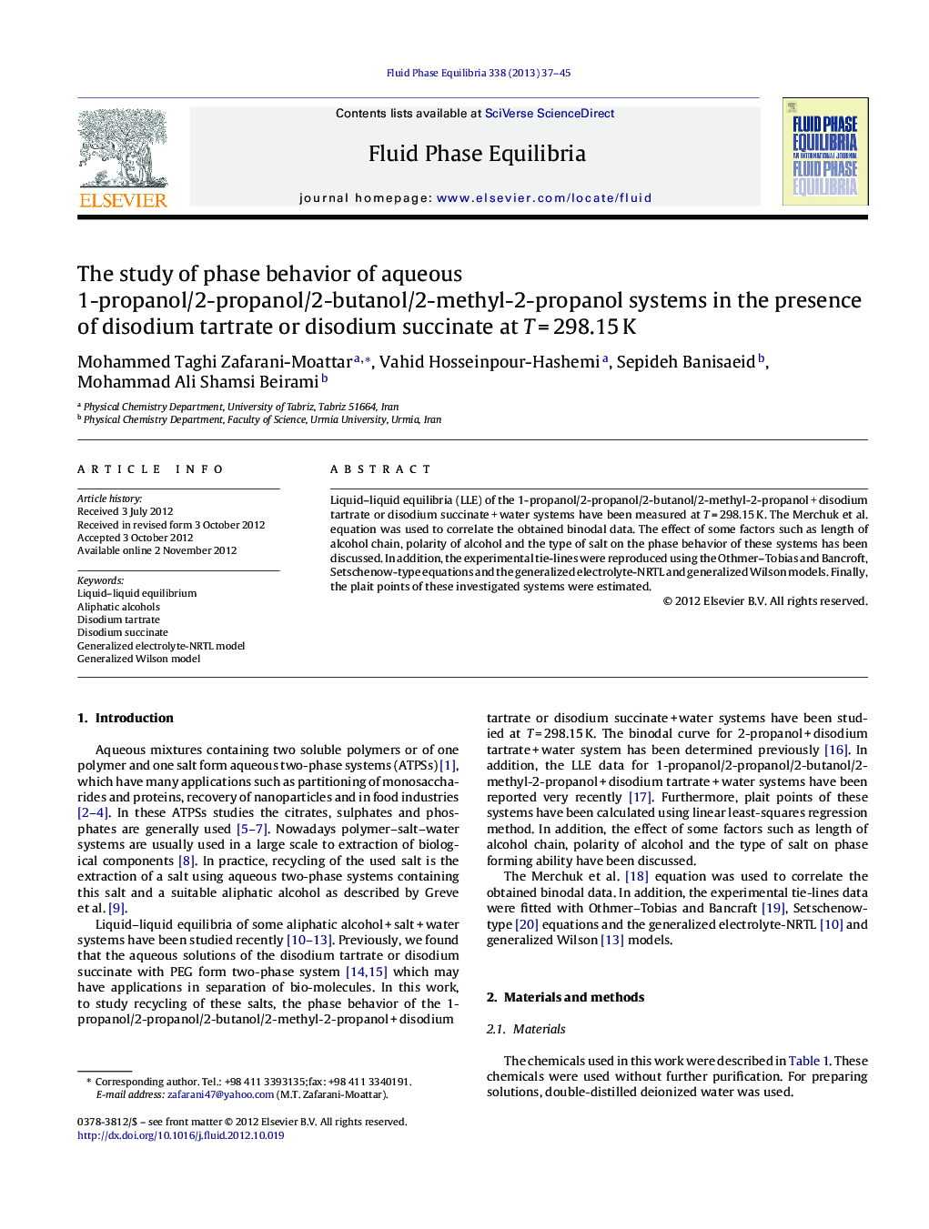The study of phase behavior of aqueous 1-propanol/2-propanol/2-butanol/2-methyl-2-propanol systems in the presence of disodium tartrate or disodium succinate at T = 298.15 K