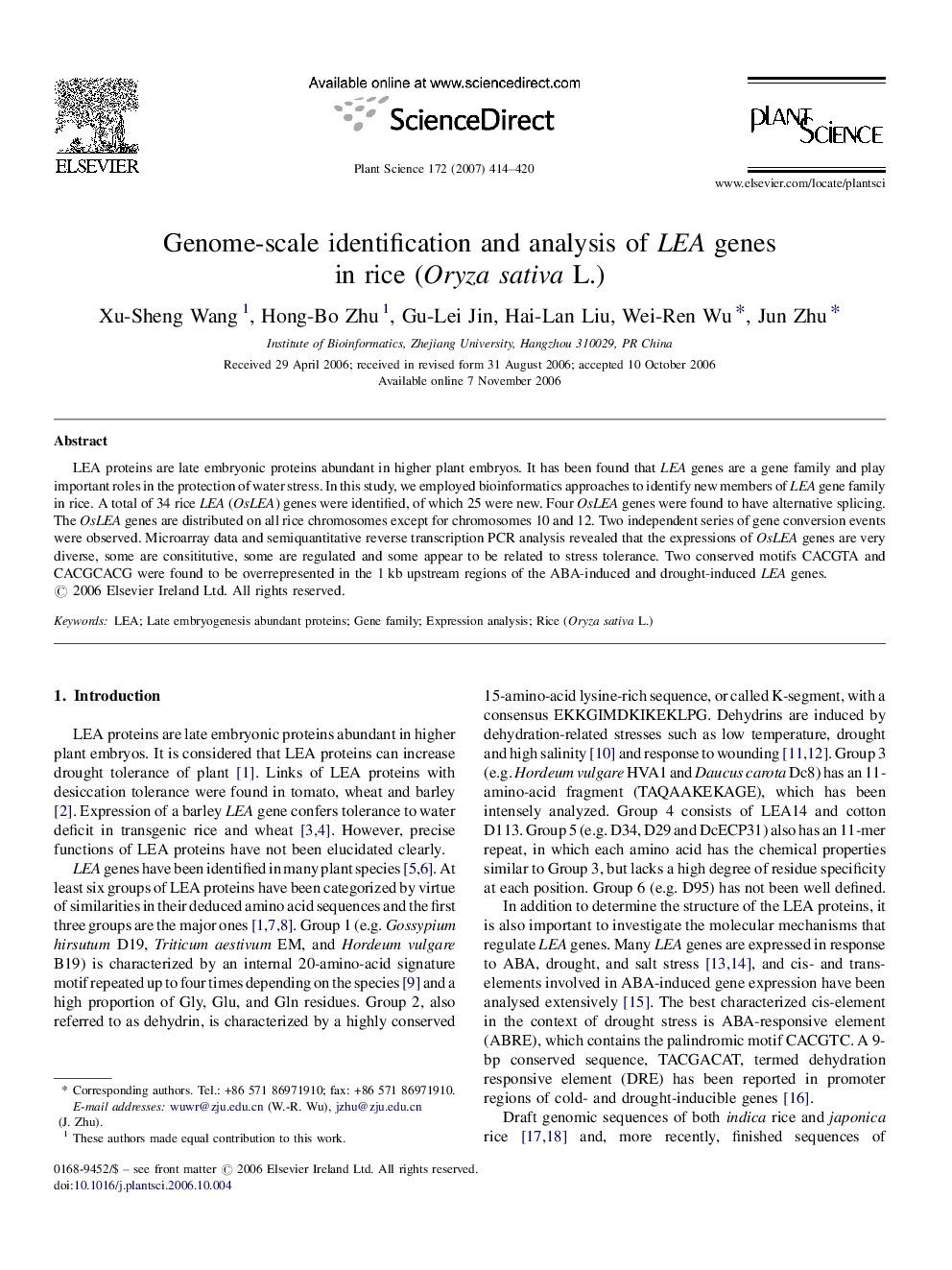 Genome-scale identification and analysis of LEA genes in rice (Oryza sativa L.)