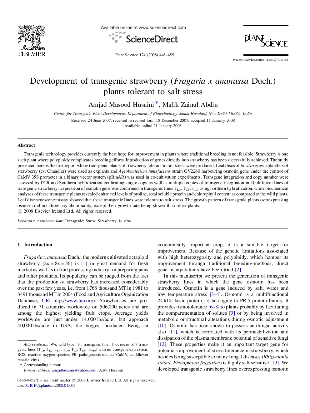 Development of transgenic strawberry (Fragaria x ananassa Duch.) plants tolerant to salt stress
