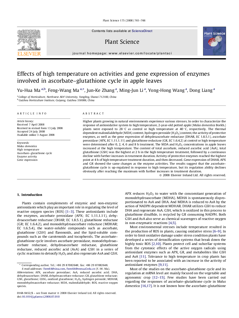 Effects of high temperature on activities and gene expression of enzymes involved in ascorbate–glutathione cycle in apple leaves