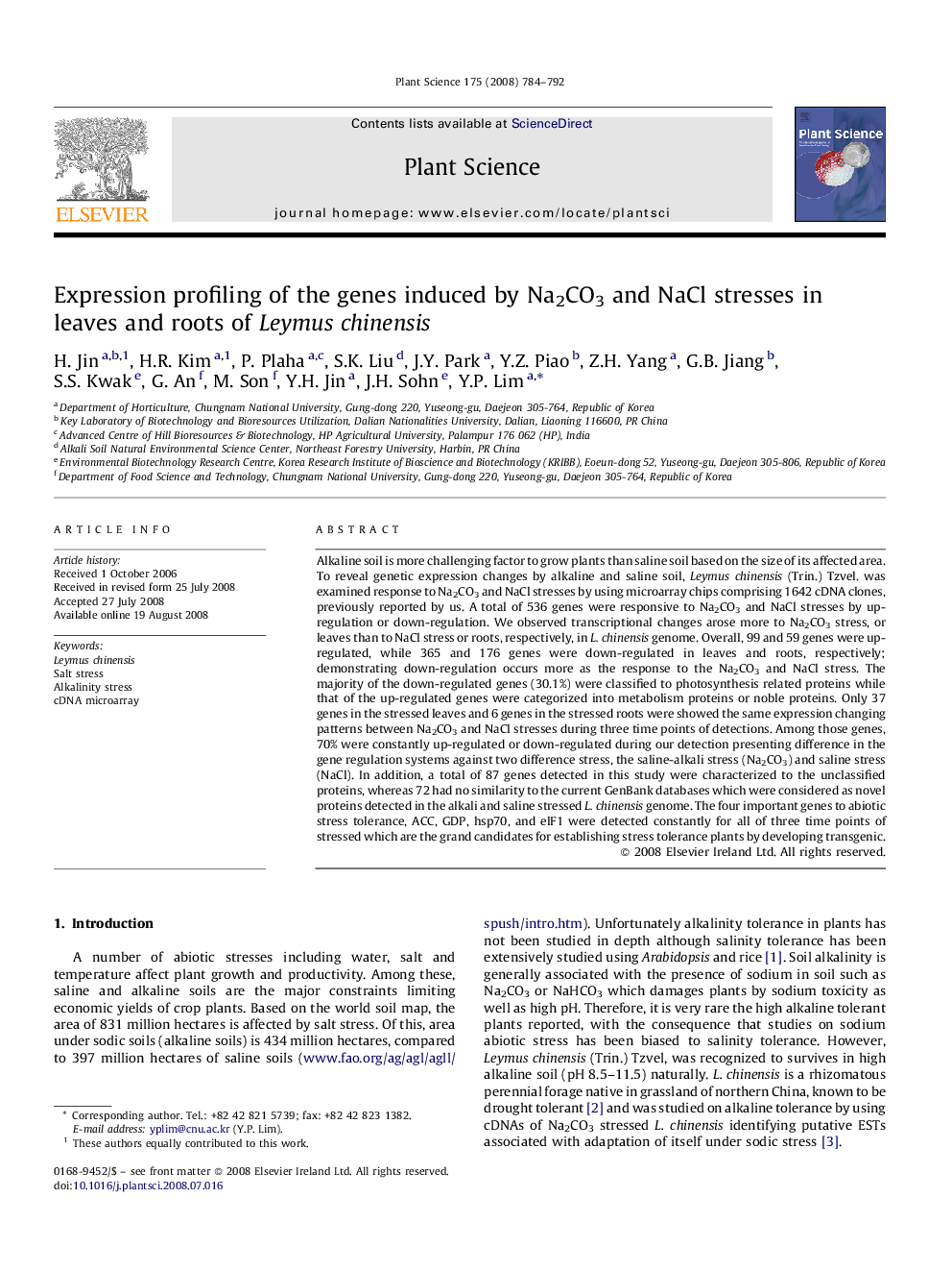 Expression profiling of the genes induced by Na2CO3 and NaCl stresses in leaves and roots of Leymus chinensis