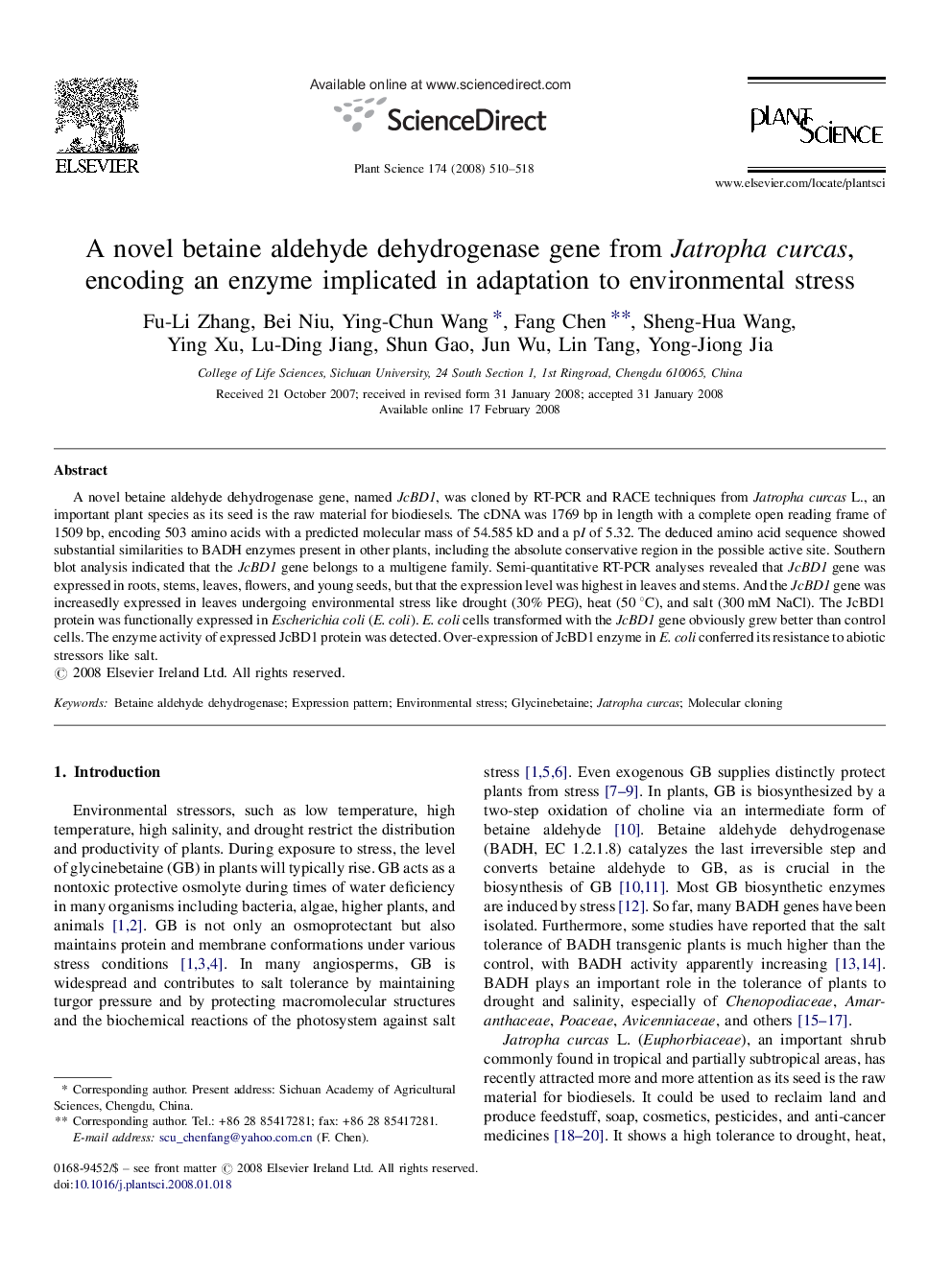 A novel betaine aldehyde dehydrogenase gene from Jatropha curcas, encoding an enzyme implicated in adaptation to environmental stress