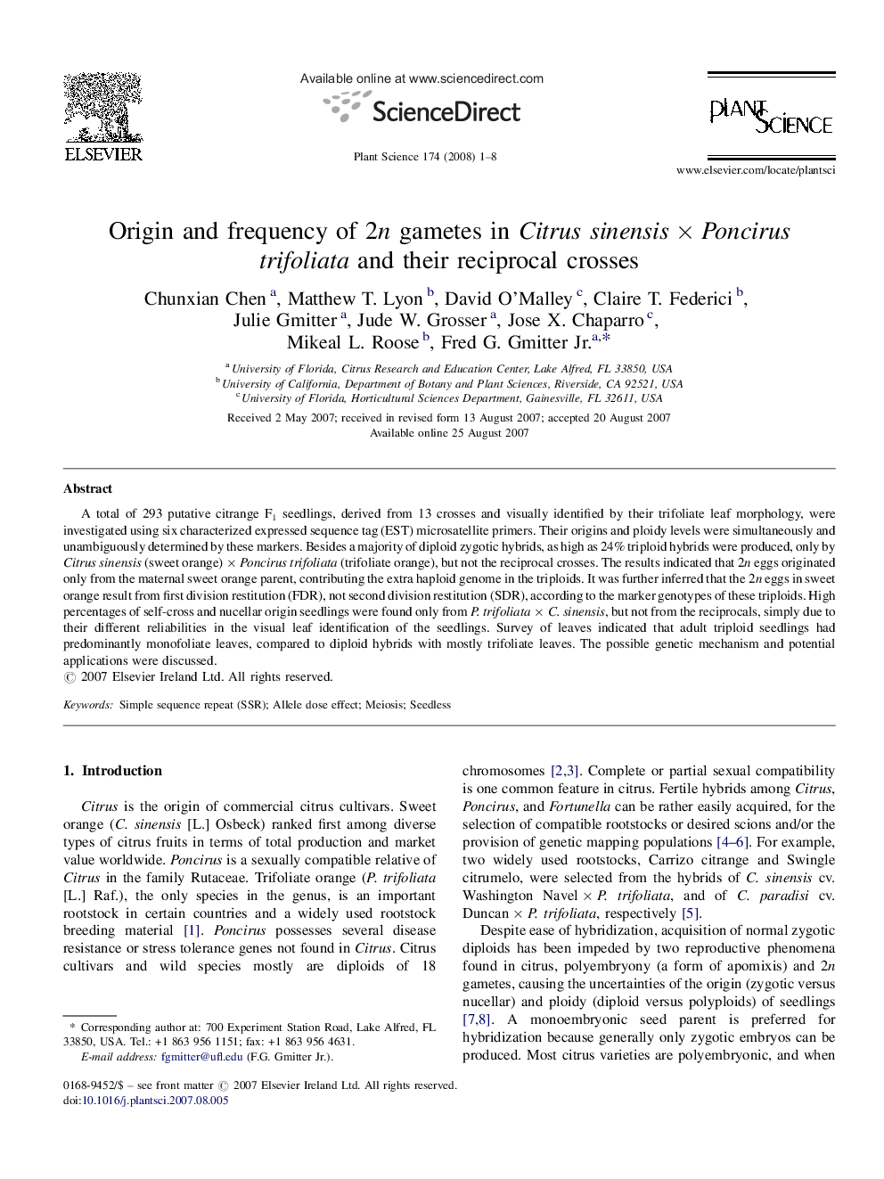 Origin and frequency of 2n gametes in Citrus sinensis × Poncirus trifoliata and their reciprocal crosses