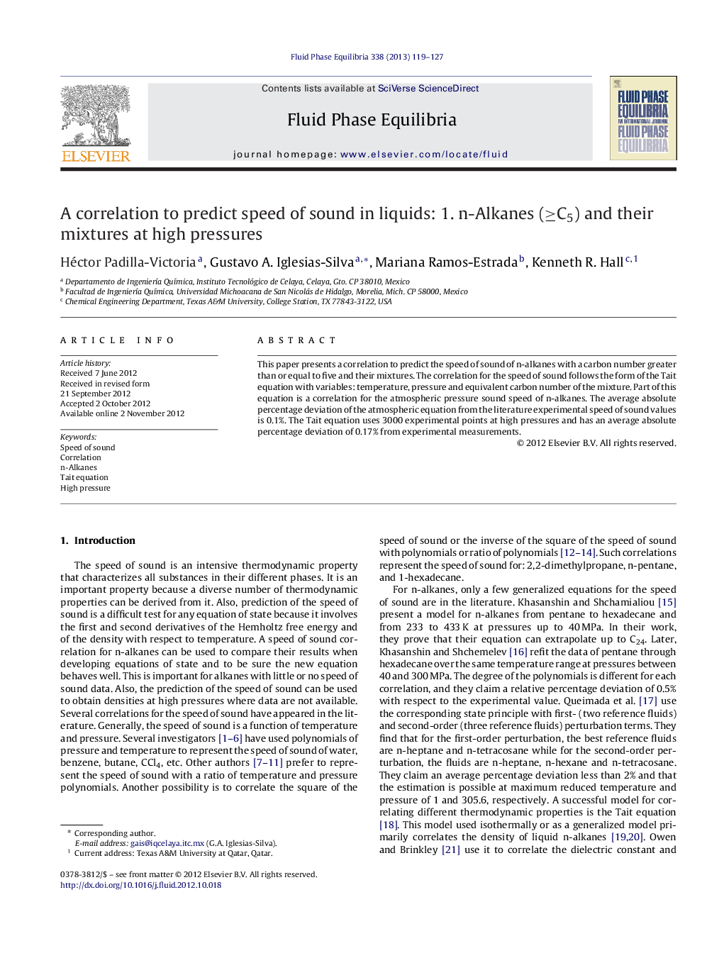 A correlation to predict speed of sound in liquids: 1. n-Alkanes (≥C5) and their mixtures at high pressures