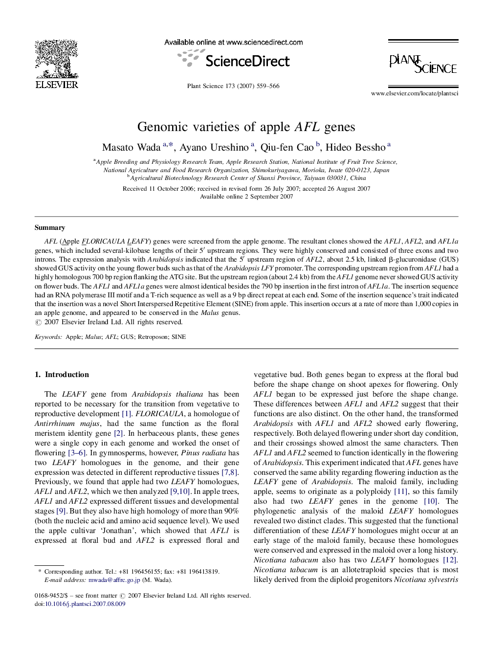 Genomic varieties of apple AFL genes