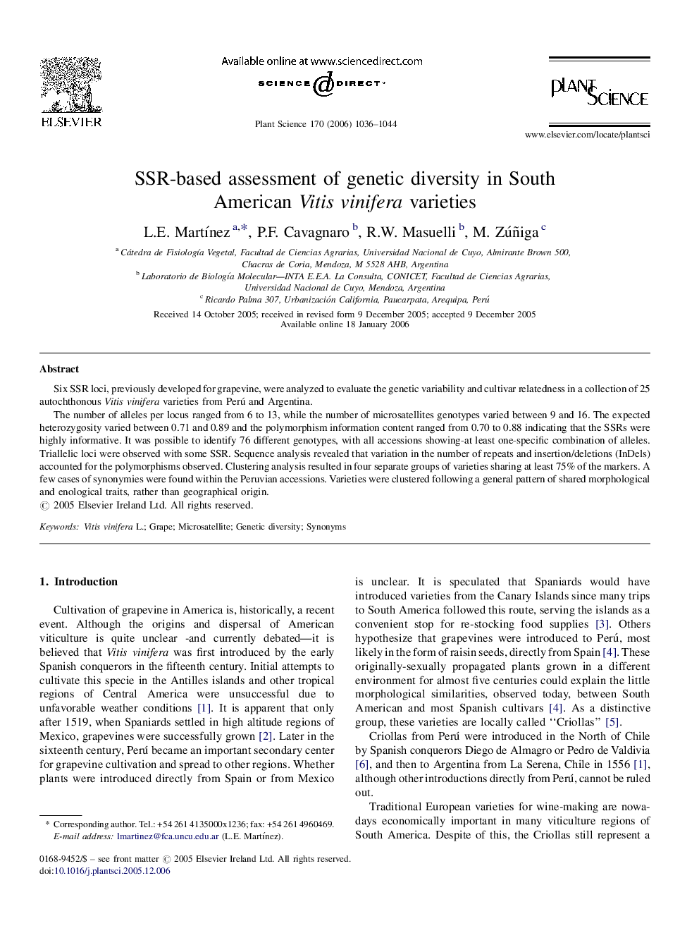 SSR-based assessment of genetic diversity in South American Vitis vinifera varieties