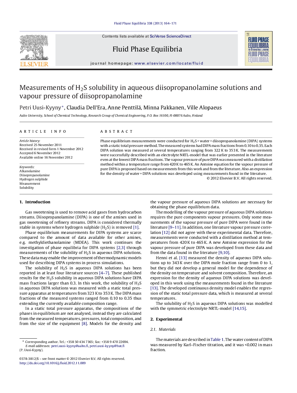 Measurements of H2S solubility in aqueous diisopropanolamine solutions and vapour pressure of diisopropanolamine