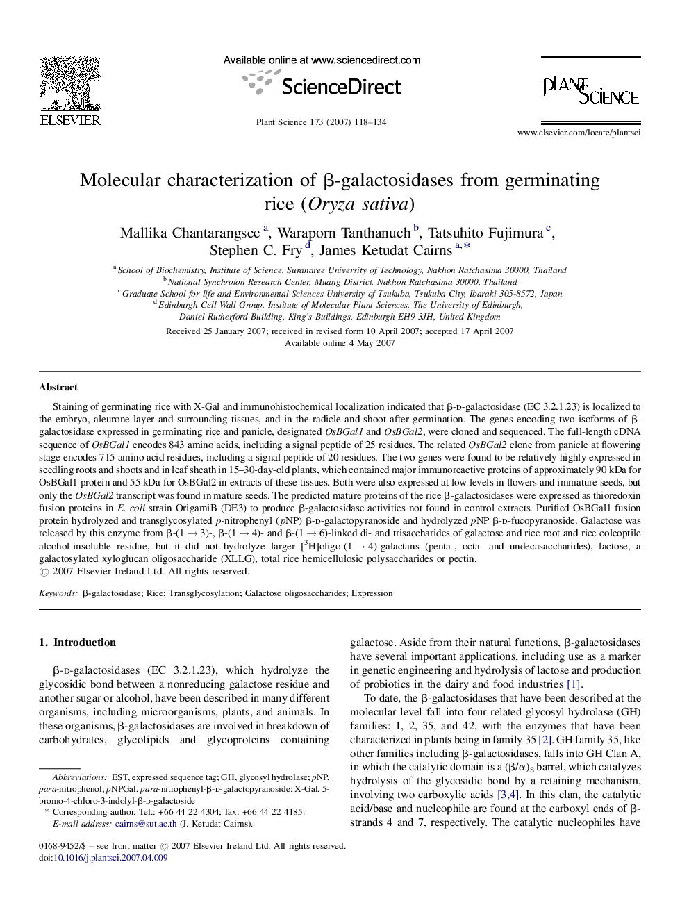 Molecular characterization of Î²-galactosidases from germinating rice (Oryza sativa)