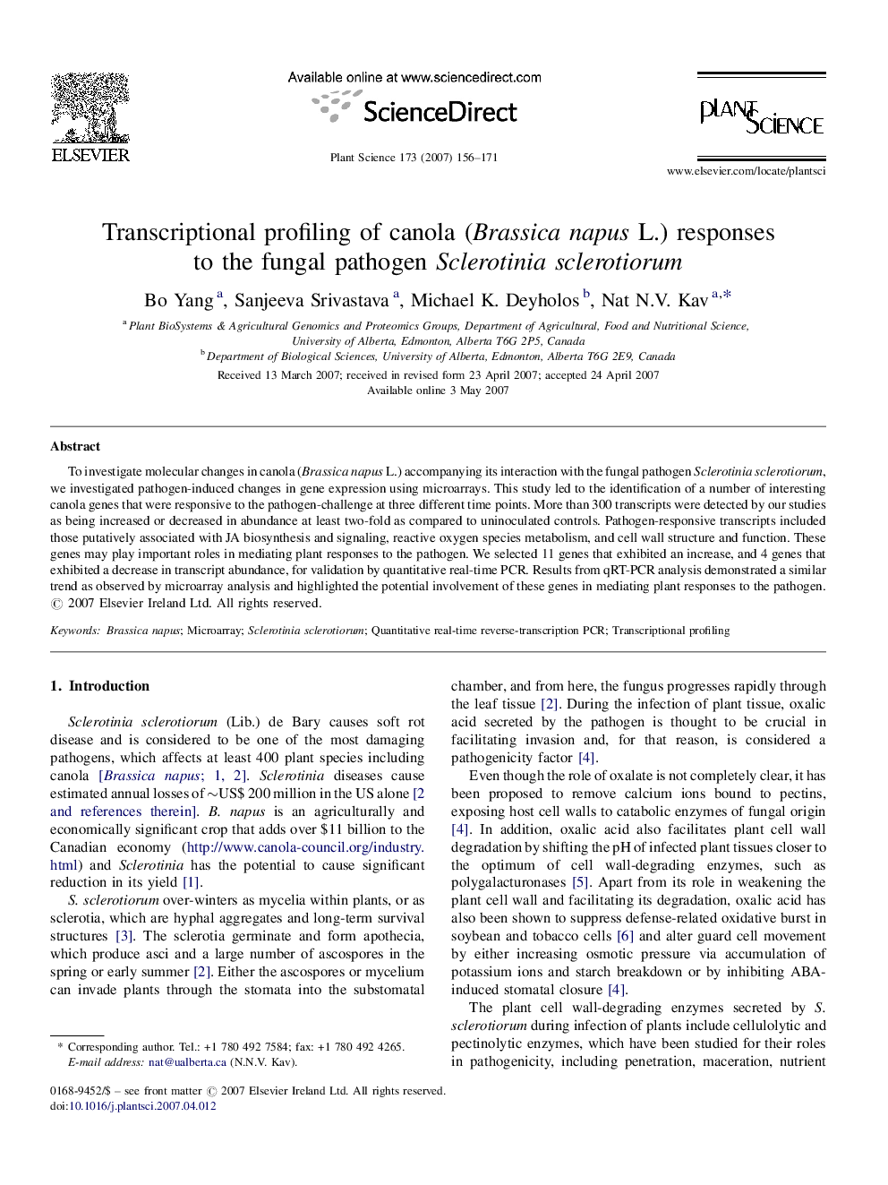 Transcriptional profiling of canola (Brassica napus L.) responses to the fungal pathogen Sclerotinia sclerotiorum