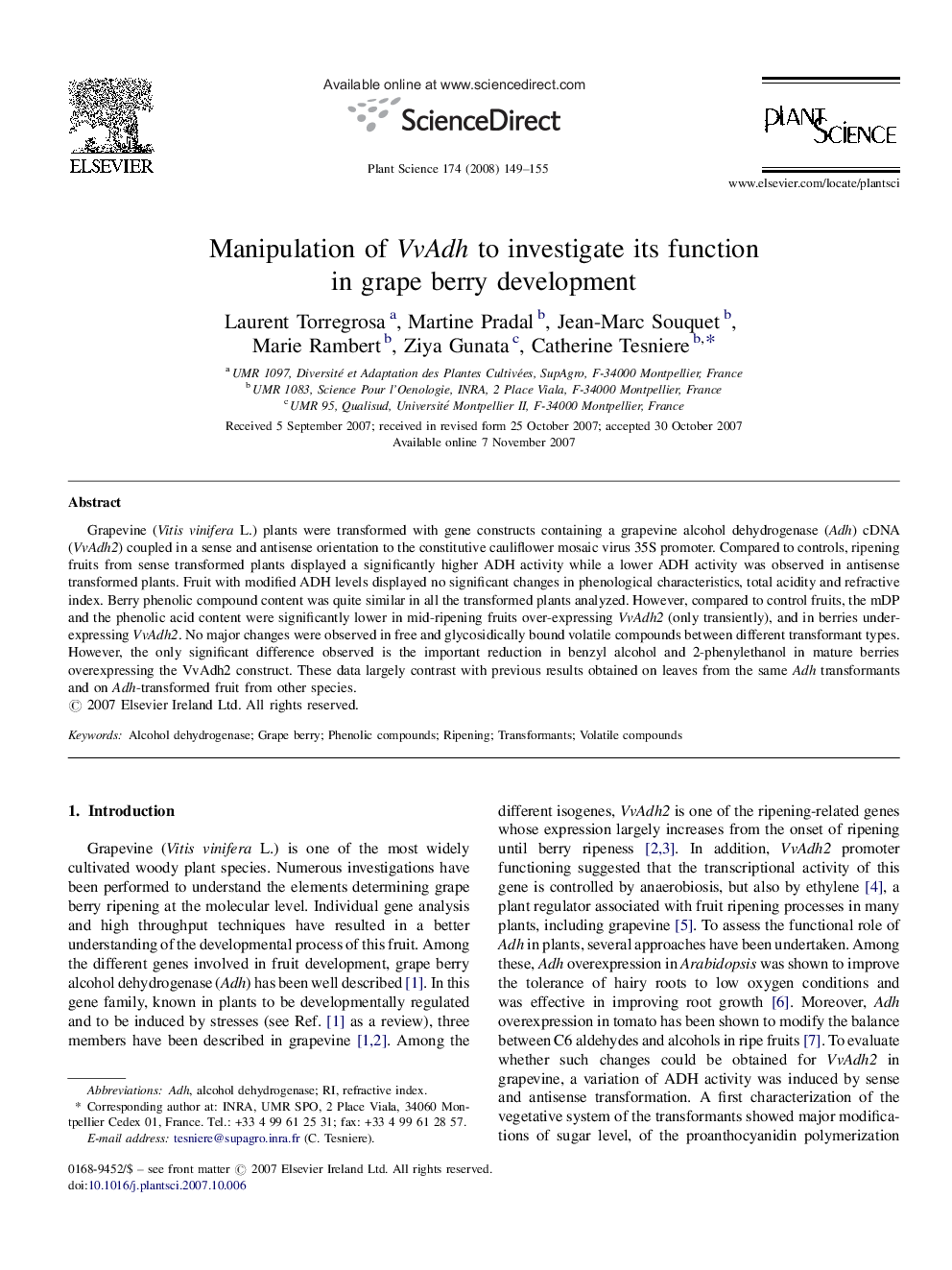 Manipulation of VvAdh to investigate its function in grape berry development