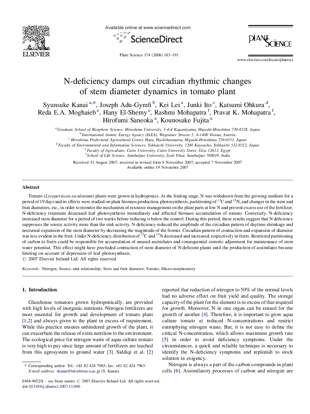 N-deficiency damps out circadian rhythmic changes of stem diameter dynamics in tomato plant