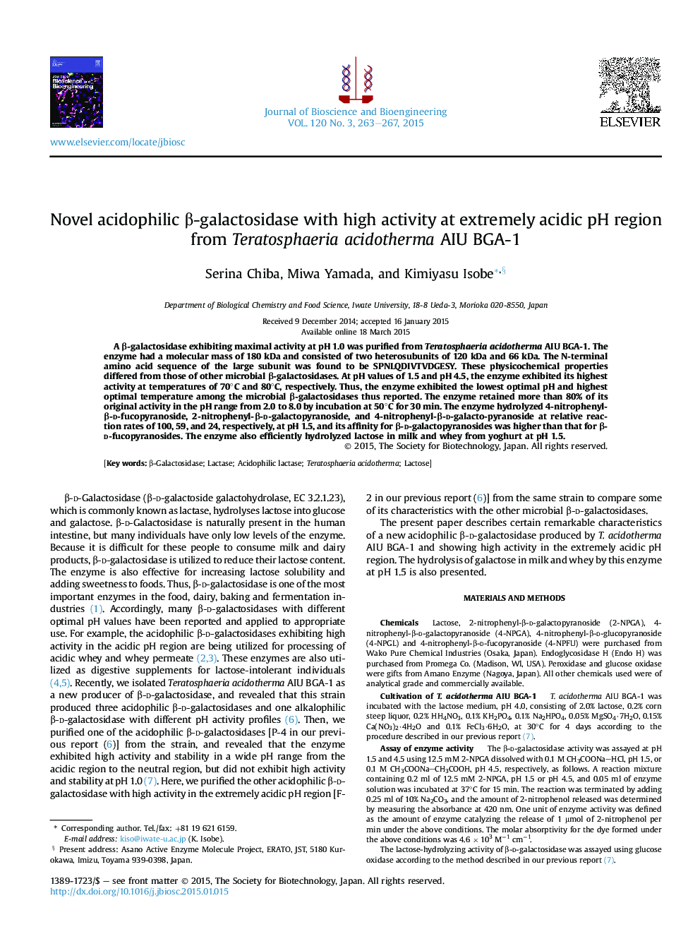 Novel acidophilic β-galactosidase with high activity at extremely acidic pH region from Teratosphaeria acidotherma AIU BGA-1