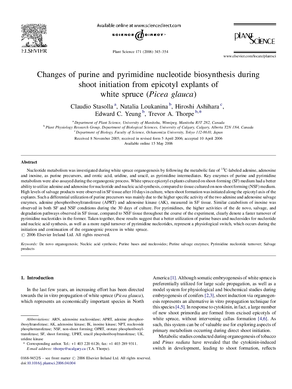 Changes of purine and pyrimidine nucleotide biosynthesis during shoot initiation from epicotyl explants of white spruce (Picea glauca)